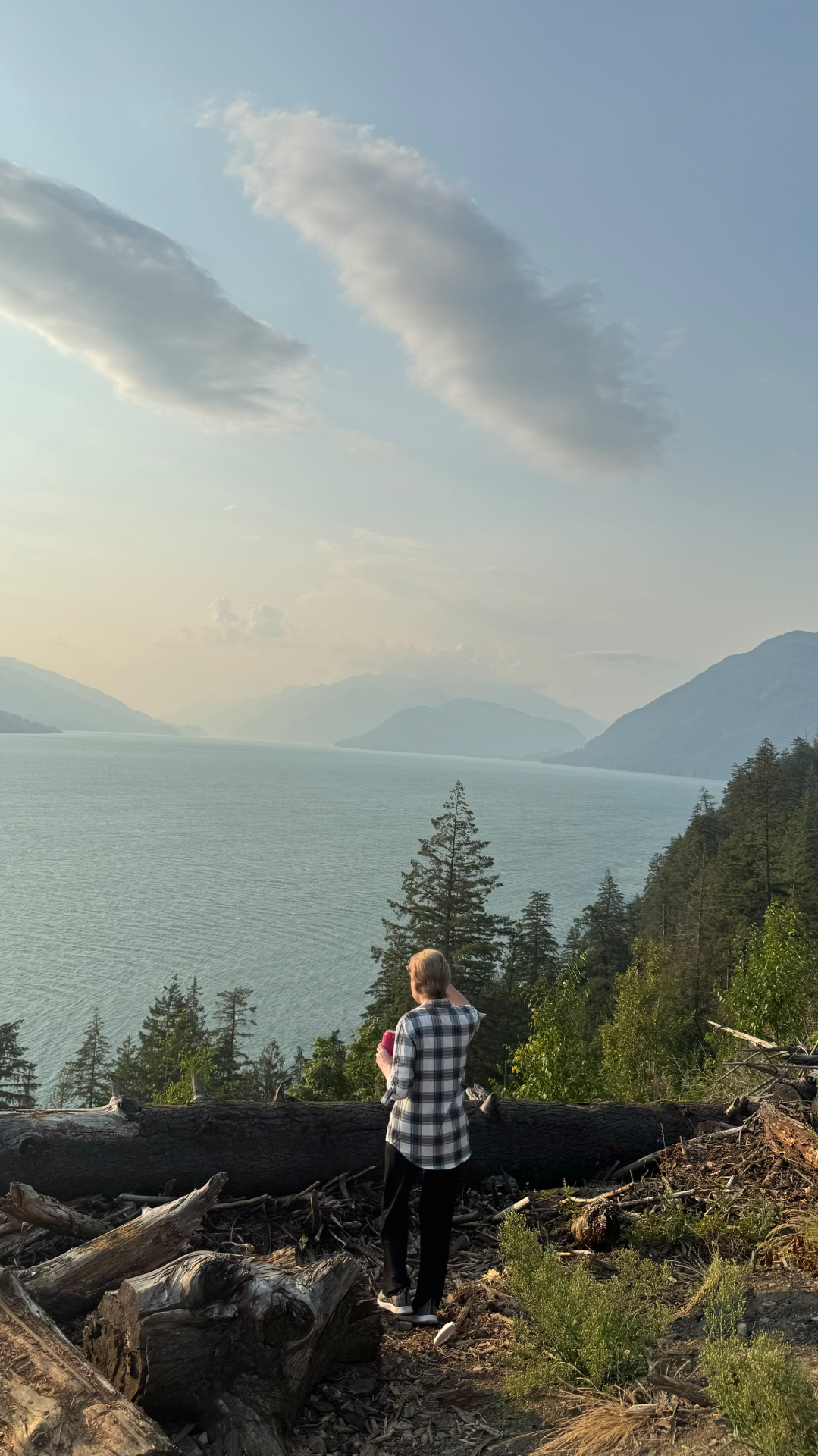 Tanya looking out over Harrison Lake at sunset