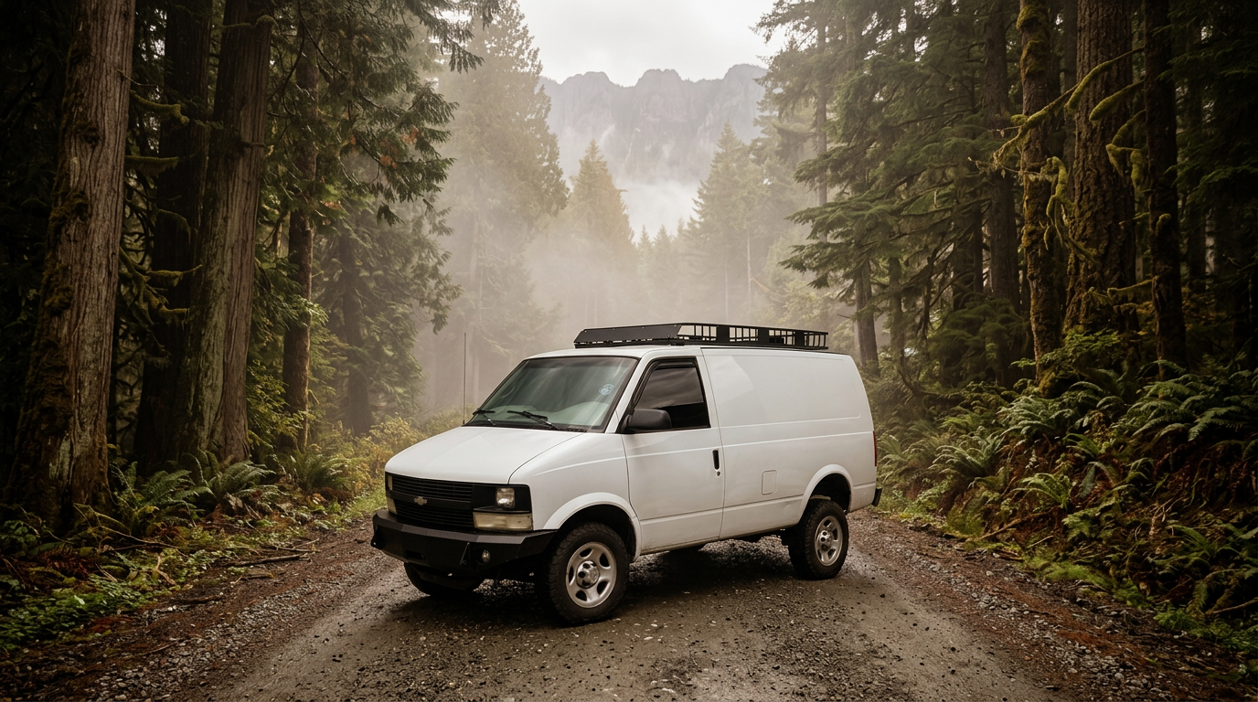 Chevy Astro on a misty BC Forest Service Road